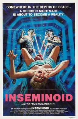 In the foreground of the underlit image, a prostrate female in labour screams as the head of an alien infant emerges from between her legs. In the background, two men in atmospheric suits shine helmet flashlights onto the newborn, aghast at the unnatural childbirth that is unfolding in front of them. Text at the top of the image reads "Somewhere in the Depths of Space ... A Horrific Nightmare is About to Become a Reality". Underneath the bold, red title of "Inseminoid", the smaller text concludes "... A Far from Human Birth!" and leads into the production credits which line the bottom of the image.