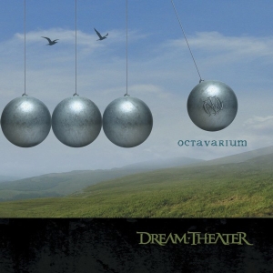 Four grey balls make up half of a giant Newton's Cradle. The ball on the right is midway through a swing and has the Majesty symbol on it. The word "Octavarium" is written under this ball. Two birds fly above the stationary balls. The background is a set of green hills with a blue, partially cloudy sky. Along the bottom of the image is a dark strip with "Dream Theater" written in the traditional Dream Theater font to the right. The front of the jacket (also the front of the case when folded out) reveals a full Newton's Cradle with 8 balls. This physics toy always repeats the same motion over and over again, emphasizing this album's theme. There are also 5 birds in the picture, forming a piano octave - the balls being the white keys and the birds being the black keys. This theme of octaves and moving in circles is continued throughout the entire album. On the back of the jacket, you'll see part of a piano. Note that each octave on a piano has 8 white keys and 5 black keys. Each white key represents a song off the album - in order, starting with F. In fact, these notes are the minors of the key the song is in. If you look carefully you'll see that the track times on the back of the CD appear to be incorrect. They only add up to 73:26, when any CD player will tell you that the CD is 75:55. Interestingly enough, 5 of the tracks have negative time that makes up the missing 2:18. Not only do each of these negative time tracks represent the accidental, but they are also in the key of the relative minor of the accidental.  - 0:00 - 8:07: The Root Of All Evil F - 8:08 - 8:25: Nature Sounds (Negative Time) F# - 0:00 - 5:20: The Answer Lies Within G - 5:21 - 5:33: Pitch Bend (Negative Time) G# - 0:00 - 6:59: These Walls A - 7:00 - 7:36: Wind/Heartbeat/Chimes (Negative Time) A# - 0:00 - 4:29: I Walk Beside You B - 0:00 - 7:16: Panic Attack C - 7:17 - 8:13: Synth Solo (Negative Time) C# - 0:00 - 6:33: Never Enough D - 6:34 - 6:46: Voices Begin (Negative Time) D# - 0:00 - 10:42: Sacrificed Sons E - 0:00 - 24:00: Octavarium F (Octave)