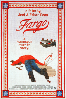 Out in the snow, a man lies face down in a pool of blood, presumably his own. A vehicle can be seen in the distance flipped upside down. Above the man, the words "Fargo" and "a homespun murder story" can be seen in red font.