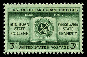 3 cent postage stamp with the text "First of the land-grant colleges. 1855 1955. Michigan State College. Pennsylvania State University"