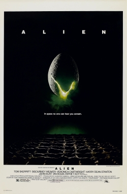 A large egg-shaped object that is cracked and emits a yellow-ish light hovers in mid-air against a black background and above a waffle-like floor. The title "ALIEN" appears in block letters above the egg, and just below it in smaller type appears the tagline "in space no one can hear you scream".