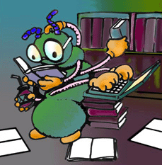 A cartoon centipede with 7 hands reads a book, lifts another, types on a laptop, and holds a bottle.