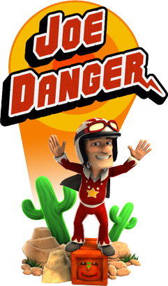 Joe Danger standing in front of the game's logo