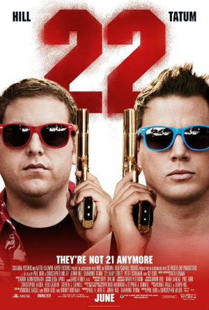 The faces of the two officers wearing colorful sunglasses, and holding guns up beside their faces. Above them is the number '22' in red.