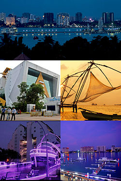 Clockwise from top: Marine Drive Skyline, Chinese fishing nets Fort kochi, Kochi Marina, Marine Drive New Expansion, InfoPark