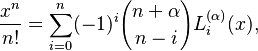 \frac{x^n}{n!}= \sum_{i=0}^n (-1)^i {n+ \alpha \choose n-i} L_i^{(\alpha)}(x),