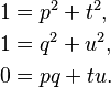 
\begin{align}
1 & = p^2+t^2, \\
1 & = q^2+u^2, \\
0 & = pq+tu.
\end{align}
