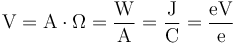 volt equals ampere times ohm, watt per ampere, and joules per coulomb