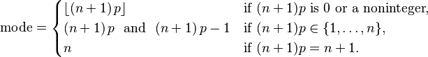 \text{mode} =
      \begin{cases}
        \lfloor (n+1)\,p\rfloor & \text{if }(n+1)p\text{ is 0 or a noninteger}, \\
        (n+1)\,p\ \text{ and }\ (n+1)\,p - 1 &\text{if }(n+1)p\in\{1,\dots,n\}, \\
        n & \text{if }(n+1)p = n + 1.
      \end{cases}