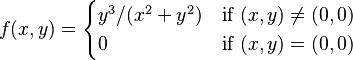 f(x,y) = \begin{cases}y^3/(x^2+y^2) & \text{if }(x,y) \ne (0,0) \\ 0 & \text{if }(x,y) = (0,0)\end{cases}