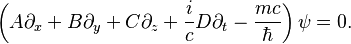 \left(A\partial_x + B\partial_y + C\partial_z + \frac{i}{c}D\partial_t - \frac{mc}{\hbar}\right)\psi = 0.