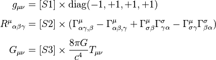 
\begin{align}
g_{\mu \nu} & = [S1] \times \operatorname{diag}(-1,+1,+1,+1) \\[6pt]
{R^\mu}_{\alpha \beta \gamma} & = [S2] \times (\Gamma^\mu_{\alpha \gamma,\beta}-\Gamma^\mu_{\alpha \beta,\gamma}+\Gamma^\mu_{\sigma \beta}\Gamma^\sigma_{\gamma \alpha}-\Gamma^\mu_{\sigma \gamma}\Gamma^\sigma_{\beta \alpha}) \\[6pt]
G_{\mu \nu} & = [S3] \times {8 \pi G \over c^4} T_{\mu \nu}
\end{align}
