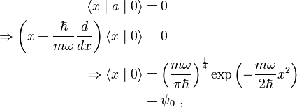 \begin{align}
                                                       \left\langle x \mid a \mid 0 \right\rangle &= 0 \\
  \Rightarrow \left(x + \frac{\hbar}{m\omega}\frac{d}{dx}\right)\left\langle x\mid 0\right\rangle &= 0 \\
  \Rightarrow                                                   \left\langle x\mid 0\right\rangle &= \left(\frac{m\omega}{\pi\hbar}\right)^\frac{1}{4} \exp\left( -\frac{m\omega}{2\hbar}x^2 \right) \\
                                                                                                      &= \psi_0  ~,
\end{align}