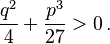  \frac{q^2}{4}+\frac{p^3}{27} >0\,. 