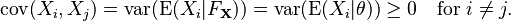  \operatorname{cov} (X_i,X_j) = \operatorname{var} (\operatorname{E}(X_i|F_\bold{X})) = \operatorname{var} (\operatorname{E}(X_i|\theta)) \ge 0 \quad\text{for }i \ne j.