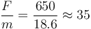  \frac {F}{m} = \frac {650}{18.6} \approx 35