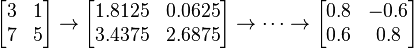 \begin{bmatrix}3 & 1\\7 & 5\end{bmatrix}
\rightarrow
\begin{bmatrix}1.8125 & 0.0625\\3.4375 & 2.6875\end{bmatrix}
\rightarrow \cdots \rightarrow
\begin{bmatrix}0.8 & -0.6\\0.6 & 0.8\end{bmatrix}