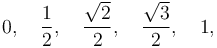 0, \quad \frac{1}{2},\quad \frac{\sqrt{2}}{2},\quad \frac{\sqrt{3}}{2},\quad 1,\,\!