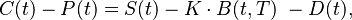  C(t) - P(t) = S(t) - K \cdot B(t,T)\ - D(t), 