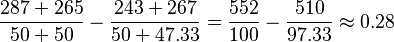 \frac{287+265}{50+ 50}-\frac{243+267}{50+47.33} = \frac{552}{100}-\frac{510}{97.33} \approx 0.28