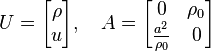 
U = \begin{bmatrix} \rho \\ u \end{bmatrix}, \quad A = \begin{bmatrix} 0 & \rho_0 \\ \frac{a^2}{\rho_0} & 0 \end{bmatrix}
