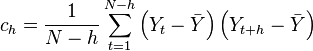 
c_h = \frac{1}{N-h}\sum_{t=1}^{N-h} \left(Y_t - \bar{Y}\right)\left(Y_{t+h} - \bar{Y}\right)
