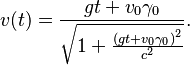 v(t) =\frac{gt + v_0\gamma_0}{\sqrt{1 + \frac{ \left(gt + v_0\gamma_0\right)^2}{c^2}}}.