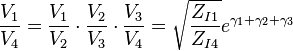 \frac{V_1}{V_4}=\frac{V_1}{V_2}\cdot\frac{V_2}{V_3}\cdot\frac{V_3}{V_4}=\sqrt{\frac{Z_{I1}}{Z_{I4}}}e^{\gamma_1+\gamma_2+\gamma_3}