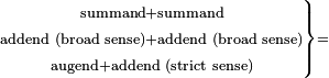 \scriptstyle\left.\begin{matrix}\scriptstyle\text{summand}+\text{summand}\\\scriptstyle\text{addend (broad sense)}+\text{addend (broad sense)}\\\scriptstyle\text{augend}+\text{addend (strict sense)}\end{matrix}\right\}=