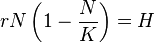  rN\left(1-\frac{N}{K}\right) = H 