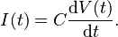 I(t) = C \frac{\mathrm{d}V(t)}{\mathrm{d}t}.