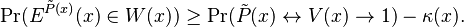 \Pr(E^{\tilde P(x)}(x) \in W(x)) \geq \Pr(\tilde P(x)\leftrightarrow V(x) \rightarrow 1) - \kappa(x).