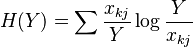  H( Y ) = \sum \frac{ x_{ kj } }{  Y } \log \frac{ Y }{ x_{ kj } }