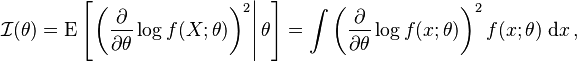 
\mathcal{I}(\theta)=\operatorname{E} \left[\left. \left(\frac{\partial}{\partial\theta} \log f(X;\theta)\right)^2\right|\theta \right] = \int \left(\frac{\partial}{\partial\theta} \log f(x;\theta)\right)^2 f(x; \theta)\; \mathrm{d}x\,,
