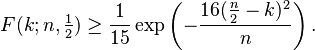  F(k;n,\tfrac{1}{2}) \geq \frac{1}{15} \exp\left(- \frac{16 (\frac{n}{2} - k)^2}{n}\right). \!