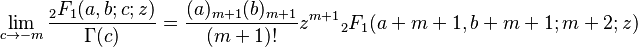 \lim_{c\to -m}\frac{{}_2F_1(a,b;c;z)}{\Gamma(c)}=\frac{(a)_{m+1}(b)_{m+1}}{(m+1)!}z^{m+1}{}_2F_1(a+m+1,b+m+1;m+2;z)