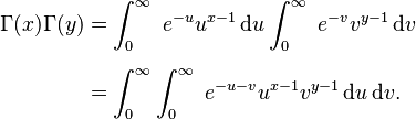 
\begin{align}
  \Gamma(x)\Gamma(y) &= \int_0^\infty\ e^{-u} u^{x-1}\,\mathrm{d}u \int_0^\infty\ e^{-v} v^{y-1}\,\mathrm{d}v \\[6pt]
                     &=\int_0^\infty\int_0^\infty\ e^{-u-v} u^{x-1}v^{y-1}\,\mathrm{d}u  \,\mathrm{d}v.
\end{align}
