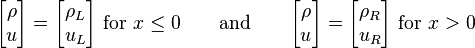  
\begin{bmatrix} \rho \\ u \end{bmatrix} = \begin{bmatrix} \rho_L \\  u_L\end{bmatrix} \text{ for } x \leq 0
\qquad \text{and} \qquad \begin{bmatrix} \rho \\ u \end{bmatrix} = \begin{bmatrix} \rho_R \\ u_R \end{bmatrix} \text{ for } x  > 0
