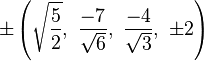 \pm\left(\sqrt{\frac{5}{2}},\ \frac{-7}{\sqrt{6}},\ \frac{-4}{\sqrt{3}},\ \pm2\right)