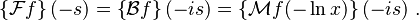 \left\{\mathcal{F} f\right\}(-s) = \left\{\mathcal{B} f\right\}(-is) 
= \left\{\mathcal{M} f(-\ln x)\right\}(-is)\ .