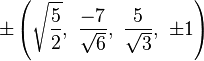 \pm\left(\sqrt{\frac{5}{2}},\ \frac{-7}{\sqrt{6}},\ \frac{5}{\sqrt{3}},\ \pm1\right)