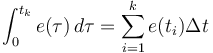 \int_{0}^{t_k}{e(\tau)}\,{d\tau} = \sum_{i=1}^k e(t_i)\Delta t 