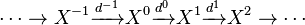 
\cdots \to 
X^{-1} \xrightarrow{d^{-1}}
X^0 \xrightarrow{d^0}
X^1 \xrightarrow{d^1}
X^2 \to \cdots