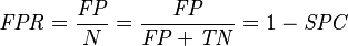 \mathit{FPR} = \frac {\mathit{FP}} {N} = \frac {\mathit{FP}} {\mathit{FP} + \mathit{TN}} = 1 - \mathit{SPC}