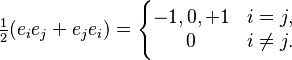 \tfrac{1}{2} (e_i e_j + e_j e_i) = \Bigg\{  \begin{matrix} -1, 0, +1  & i=j,  \\
                                   0 &  i \not = j. \end{matrix} 