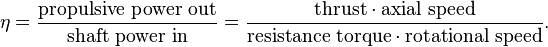 \eta = \frac{\hbox{propulsive power out}}{\hbox{shaft power in}} = \frac{\hbox{thrust}\cdot\hbox{axial speed}}{\hbox{resistance torque}\cdot\hbox{rotational speed}}.