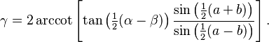 \gamma = 2\arccot \left[\tan\left(\tfrac12(\alpha-\beta)\right) \frac{\sin \left(\tfrac12(a+b)\right)}{\sin \left(\frac12(a-b)\right)} \right].