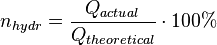  n_{hydr} = {Q_{actual} \over Q_{theoretical}} \cdot 100%