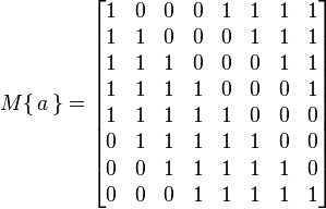 M\{\,a\,\}=
\begin{bmatrix}
1&0&0&0&1&1&1&1 \\
1&1&0&0&0&1&1&1 \\
1&1&1&0&0&0&1&1 \\
1&1&1&1&0&0&0&1 \\
1&1&1&1&1&0&0&0 \\
0&1&1&1&1&1&0&0 \\
0&0&1&1&1&1&1&0 \\
0&0&0&1&1&1&1&1
\end{bmatrix}
