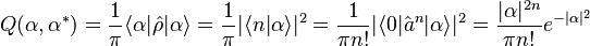 Q(\alpha,\alpha^*)=\frac{1}{\pi}\langle \alpha|\hat{\rho}|\alpha\rangle =\frac{1}{\pi}|\langle n|\alpha\rangle|^2 =\frac{1}{\pi n!}|\langle 0|\hat{a}^n|\alpha\rangle|^2 = \frac{|\alpha|^{2n}}{\pi n!}e^{-|\alpha|^2}